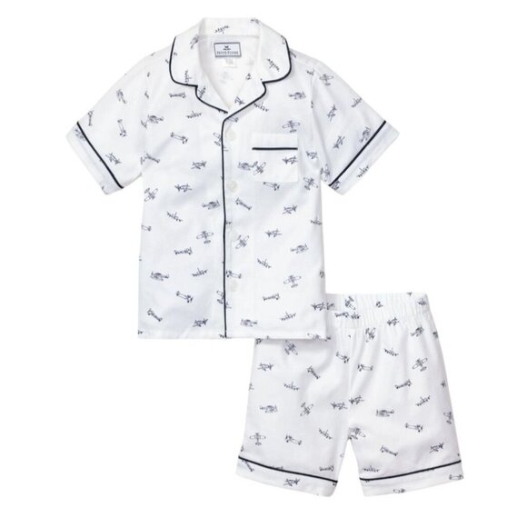 Petite Plume Kids Airplane Print Pajama Set Short Sleeve Button-Up 50% Cotton & - Picture 1 of 13